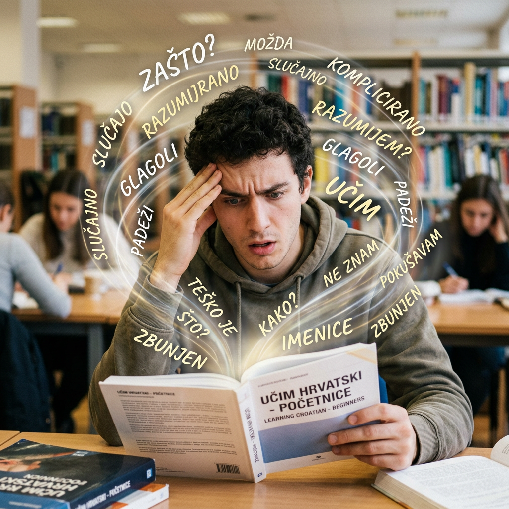 Student confused while reading Croatian language beginners book with floating Croatian words around him